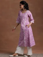 Purple Printed Cotton A-Line Kurta - Image 3